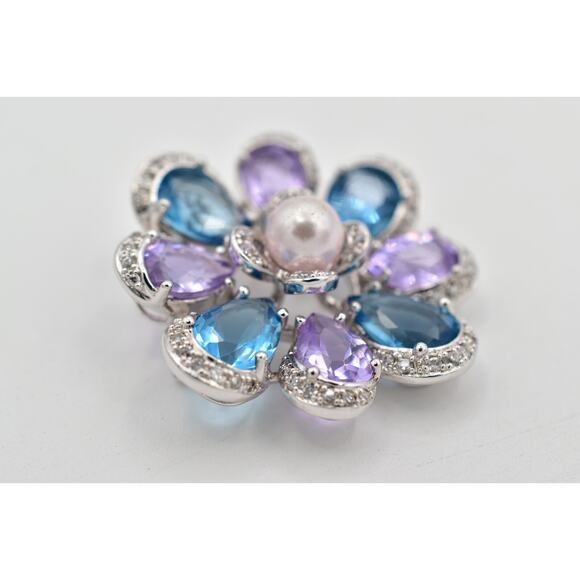 Beautiful Sterling Silver Facted Blue Crystal Flower Bouquet  925 Sterling Silver Crystal Flower Pendant Pin Brooch Purple Blue Signed BinBI
